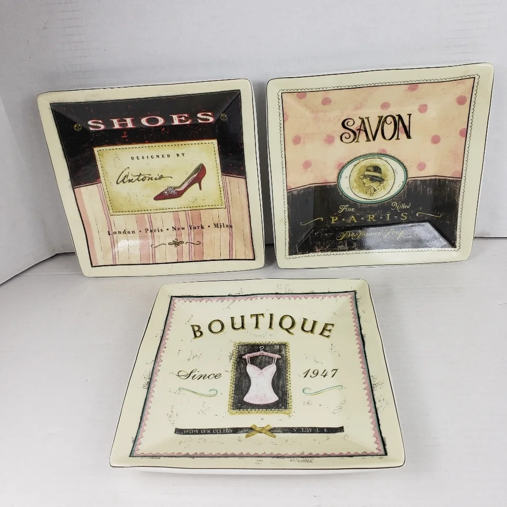 3 Sakura Vintage Boutique Square Stoneware Salad Dessert Plates Paris Motif